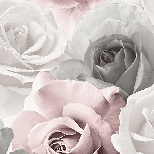 Rhoda Rose Pink Wallpaper - Floral Flowers Grey White - Modern Contemporary Glamorous Feature Wall