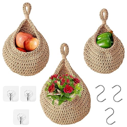 XNZMYN 3 Stück Wandhängender Obstkorb zum Aufhängen Set, Handgewebt Baumwollegewebe Obstkorb Hängend, mit 3 Wandaufkleber+3 Haken, Hängende Wandkörbe für die Küche, Wohnen & Schlafzimmer (Jute)