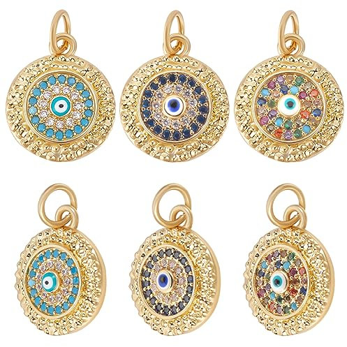 Beebeecraft 1 Box 6Pcs Evil Eye Charms 12.5mm 18K Gold Plated Round Turkish Protection Charms with Blue Colorful Cubic Zirconia Crystal for Jewelry Making Necklace Bracelet DIY Crafts