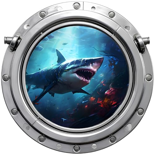 Samunshi Wandtattoo Bullauge mit Großem Hai Fenster in andere Welt Portal Schiffsfenster Kinderzimmer Wandaufkleber (50x50cm Großem Hai)