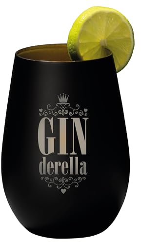 4youDesign Gin Tonic Glas mit Spruch GINderella – Geschenk für Männer, Frauen zum Muttertag oder Vatertag – Tumbler-Party-Glas aus Kristallglas – sehr bruchsicher – Schwarz-Gold – 465ml
