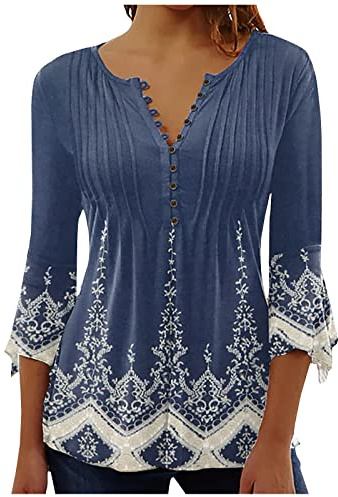 Longshirt Damen Elegant V-Ausschnitt Tunika Shirt Lässige 3/4 Ärmel Oberteile Vintage Baumwolle Bluse Tops Schön Blumen Druck Sommershirts Knopfleiste Plissiert T-Shirt Streetwear