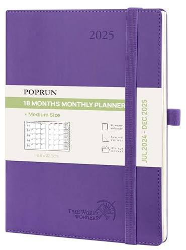 POPRUN Kalender 2025 Monatsplaner A5 (Jul.2024 - Dez.2025) - 18 Monate Monatskalender Softcover 22 x 16,5 cm - 1 Monat 4 Seiten, mit PU-Leder, 100 GSM Papier - Lila