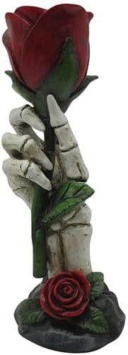 G&H Decor - Portavelas de Rosa eterna de 29,5 cm - Portavelas góticos - Esqueleto de Llama eterna Que sostiene la Rosa en la Mano - Portavelas de Bruja calderos de Halloween Brujería Luc