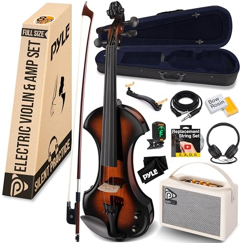Pyle 4/4 Violino Elettrico Silenzioso con Kit Amplificatore, Violino in Legno Massello con Amplificatore da 10W e Accessori Completi, Strumento a Corde Orchestrale per Principianti e Uso Professionale