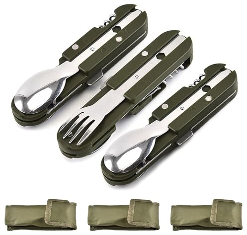 3 x Campingbesteck Klappbar Und Stofftaschen, Edelstahl Campingbesteck, Besteck Messer, Messer Löffel Set, Camping Cutlery Set, Outdoor Besteck Set Messer Gabel Set Tragbares Camping-Outdoor-Geschirr
