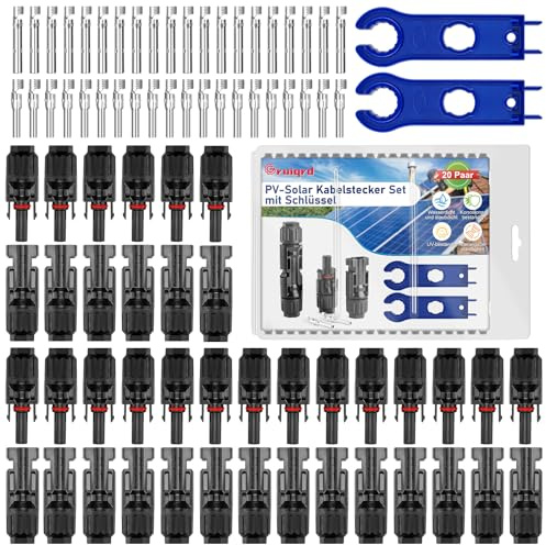 Gruiqrd PV Solarstecker Männlich/Weiblich Solaranlage Stecker Satz,20 Paar | Solarpanel Kabelstecker IP67 Wasserdicht Solar Verbinder Photovoltaik Steckverbinder für 2.5/4/6 mm²