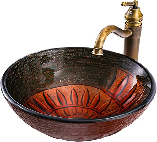 aufsatzwaschbecken waschtisch Badezimmer-Waschbecken Aus Gehärtetem Glas, Rundes Antikes Aufsatzwaschbecken Mit Retro-Wasserhahn Und Abfluss-Kombination, For Waschtisch, Toiletten Und Badezimmer