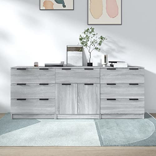 Willood 3-TLG. Sideboard-Set Grau Sonoma Holzwerkstoff Mit Sieben Schubladen,Kommode,Küchenschrank geeignet für Küche, Wohnzimmer, etc.