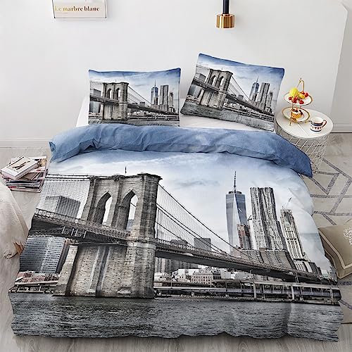 New York Bettwäsche 155x220 - Brooklyn Brücke Bettbezug 155x220 3 Teilig, Weiche & Angenehme Mikrofaser Bettbezüge & 2 Kissenbezug 80x80, Bettwäsche-Sets mit Reißverschluss V%-70