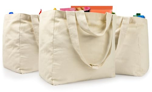VitaSerena Reusable Canvas Grocery Bags with Dual Handles 3pc XL Set