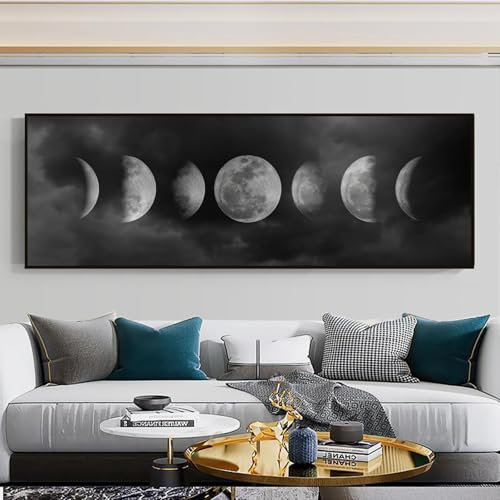 UGZDEA Mondphasen Leinwand Poster, Abstrakte Minimalistisches Schwarz Weiß Mondphasen Leinwand Malerei, Wohnzimmer Schlafzimmer Deko Bild-Ohne Rahmen (Mond,50x150cm)