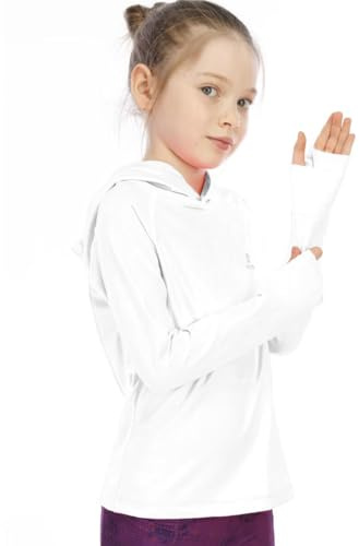 HMILES Girls UV Long Sleeve Running Tops with Thumbholes Kids Lightweight Hiking Hooded Shirt Children UPF Hoodie Sports Tshirts Active Sweatshirt Pullover Yoga White 13 Years