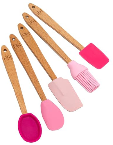 Paris Hilton Mini-Silikon-Spatel-Set, hitzebeständig, Küchenutensilien-Werkzeug-Set mit abgerundetem Mini-Spatel, spitzem Spatel, Löffel, Allzweckspatel und Backpinsel, 5-teilig, Rosa