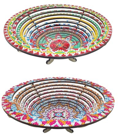 DIY Diamond Art Painting Round Tray, Diamond Art Wooden Tray Serving Tray Retractable with Stand, Diamond Painting Crystal Art Wooden Tray Kitchen Tray for Dinner, Tea 2 Pieces