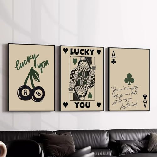 ZHAOLIN Vintage Aesthetic Lucky You 8 Ball Leinwandmalerei Poster Lustige grün-schwarze Ass-Karte Wandkunstdrucke Bild für Rom-Dekor 60x90cm (24x35 Zoll) x3 Rahmenlos