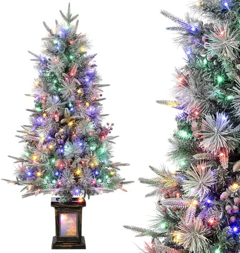 Árbol de Navidad artificial de 125 cm con 150 luces multicolores y blancas cálidas, 9 modos de luz, árbol de Navidad artificial, efecto nieve con base en maceta, árbol de Navidad con iluminación para