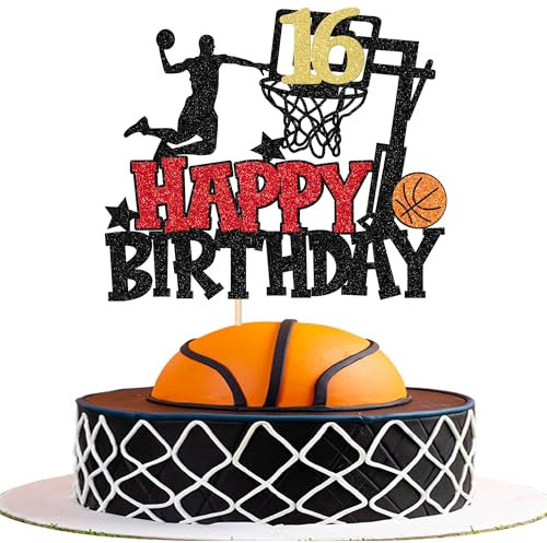Xsstarmi 1 Pack Basketball Theme Happy 16th Birthday Cake Topper Star Glitter Basketball Sports Cake Pick Cheers to 16 Years Cake Decorations for Sweet 16 Happy 16th Birthday Party Supplies