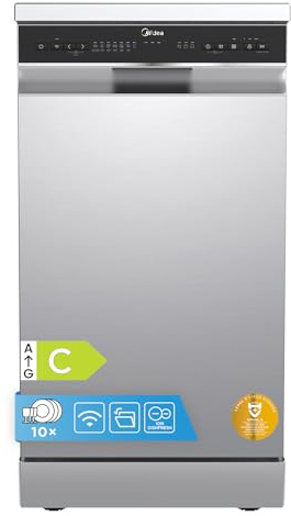 Midea 45cm Slimline Dishwasher, 10 Settings, Stainless Steel | Wi-Fi Connected With 44dB Quiet Operation, Intensive Wash & Adjustable Basket, Energy Rated C, Fits Compact UK Kitchens | Wi-Fi Connected With 44dB Quiet Operation, Intensive Wash & Adjustable Basket, Energy Rated C, Fits Compact UK Kitchens