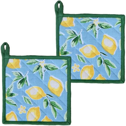 Debbie Pot Holders Set of 2 Blue - Heat-Resistant Kitchen Aid with Lemon Motif - Cotton