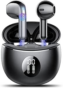 TIMU Écouteurs Bluetooth 5.4, Écouteur sans Fil avec 4 ENC Réduction Antibruit Mic Casque Bluetooth Hi-FI Son Stéréo, 50 Heures Durée de Lecture, IP7 Etanche, Écran LED, Contrôle Tactile Oreillette