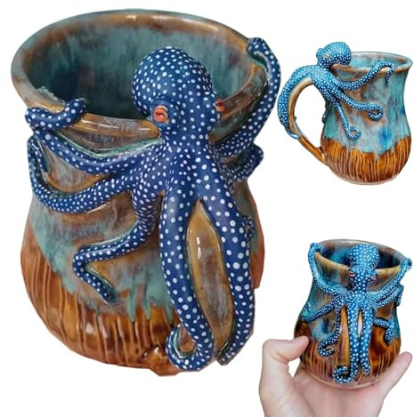 Dive Into Every Sip Novel Handmade Octopus Shaped Statue Cup 3D Coffee Mug Gifts Creative Art Mugs Ceramic Milk Cups 3D Sculpted Coffee Ceramic Mug Ocean Octopus Style with Tentacles Beard Handle