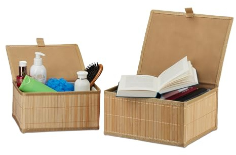Relaxdays Aufbewahrungskorb, 2er Set, 2 Größen, mit Deckel, Bad, Kinderzimmer, Bambus & Stoff, Aufbewahrungsbox, Natur