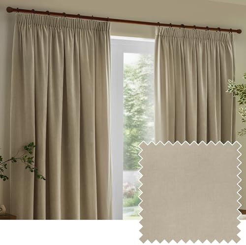 Yard Heavy Chenille Pencil Pleat Curtain Pair (Linen, 229 x 183 cm) | Lined Room Darkening Soft Velvet Curtains