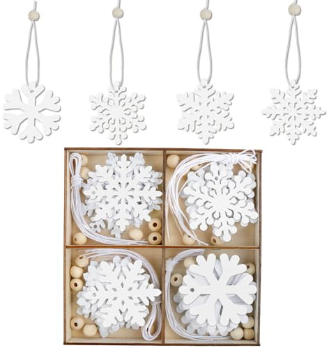 24 Stück Christbaumschmuck Holz, Schneeflocken Deko aus Holz mit Aufhängeschnur, 4 Designs Schneeflocken Holzdeko, Rustikale Weihnachtsdekoration für Christbaum Fenster Geschenk & Tischdeko