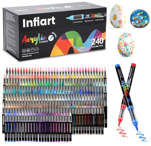 Infiart 240 Farben Acrylstifte, 3-fache Tintenkapazität, 1–6mm Pinselspitze | Acrylmarker mit kontrolliertem Tintenfluss – deckend auf Stein, Holz, Glas, Keramik & Leinwand; ideal für DIY & Geschenke