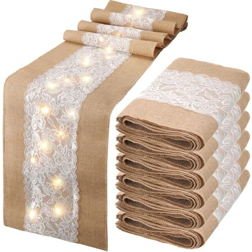 Fegtrtyoa Lace LED Lighted Burlap Table Runner 6 Pack- Rustic Boho Design 12x108 Inches for Farmhouse for Wedding Decor
