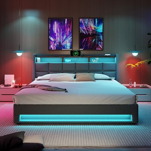 Upholstered Ottoman Bed with Hydraulic Lift & Storage Headboard, 5ft King Size Bed Frame with LED Lighting & USB Type-C Charging Function, Linen Functional Upholstered Storage Bed, No Mattress, Grey