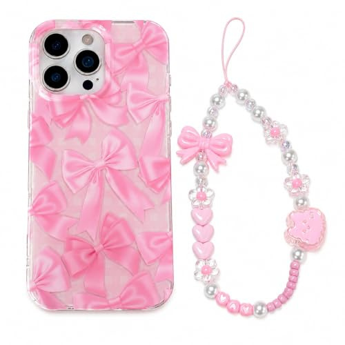 xoniery Compatible with iPhone 16 Pro Max Case with Cute Kawaii Bowknot Pattern Case for Girls Women with Chain Wrist Strap Ribbon Design TPU Bumper Shockproof Protective Cover - Pink