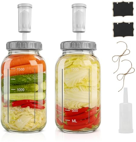 MIUUIPI 2 fermenteringsglas, 1,9 l, Kimchi-behållare med luftlås, stort fermenteringsglas, glasburkar med avtagbart lufttätt lock för surkål, kimchi, surdeg, pickles