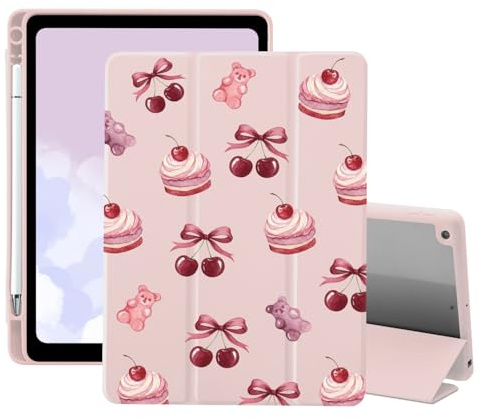 Cute Kawaii Sweet Desserts Case for iPad 9th/7th/8th Generation (2021/2020/2019, 10.2 Inch) with Pencil Holder Trifold Stand Pink Leather Girly Cover Clear Back Shell Auto Wake/Sleep