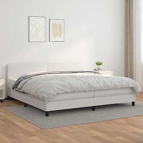 Hoopleep White King Size Boxspring Bed with Mattress & Topper, 200x200 cm, Durable Faux Leather Upholstery, Height Adjustable Headboard, Pocket Spring Mattress for Optimal Back Support