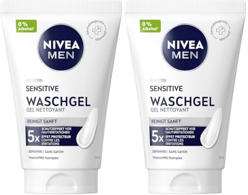 NIVEA MEN Sensitive Waschgel, sanftes Reinigungsgel für empfindliche Männerhaut, beruhigende Gesichtsreinigung zur Linderung von Hautirritationen (100 ml) (Packung mit 2)