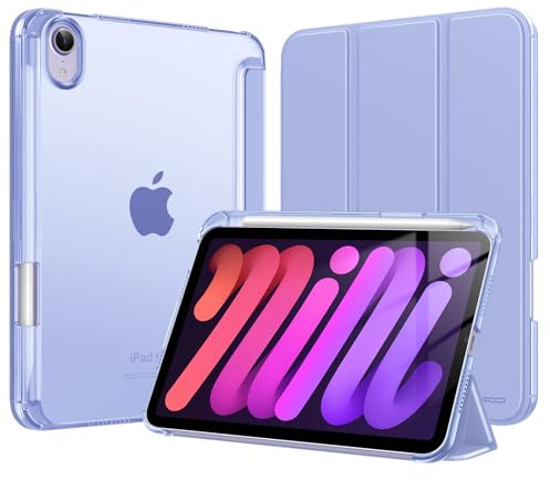 MoKo Cover per iPad Mini 7 A17 Pro, iPad Mini 6a Gen 8,3 Pollici, Lavanda | Portapenna, Retro in PC Rigido Traslucido, Supporto Multi-angolo, Leggero, Antigraffio, Sospensione/Risveglio Automatico