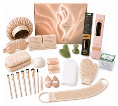 Sun&Sia Calendrier de l’Avent Beauté Femme 24 Accessoires – Gua Sha Jade, Bonnet & Masque Satin, Brosses Cheveux, Éponges Konjac, Pinceaux Maquillage – Marque Française