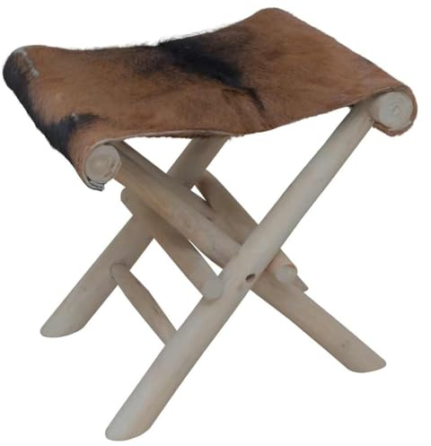 Kaloriko Fällbar pall av äkta getläder och massivt teak, vikbar trästol 48 x 40 x 45 cm, platsbesparande och bärbar, stabil sittplats för balkong, trädgård, camping, utomhus