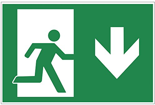 Cartello Uscita di emergenza verso il basso, uscita in PVC, piastra in schiuma rigida, 300 x 200 mm, spessore 3 mm