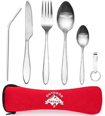 OUTDOOR FREAKZ Outdoor Reisebesteck und Campingbesteck aus Edelstahl mit Neoprenhülle (rot ++)