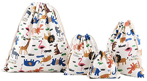 Amoyie 4 pcs Drawstring Storage Bag Set for Baby Stuff, Travel Home Accessories - Beige Animal