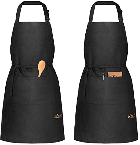 Viedouce 2 Pack Schürze,Baumwolle Kochschürze mit Taschen für Frauen Männer,Verstellbarem Schwarz Küchenschürze,Grillschürze,Backschürze,Chef Garten BBQ Schürzen,Einfach zu Reinigen, Schwarz