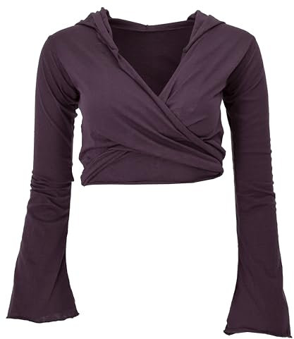 GURU SHOP Wickeltop, Yogatop, Langarmshirt mit Trompetenärmeln - Aubergine, Damen, Baumwolle, Size:M
