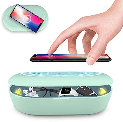 Caja desinfectante de luz UV con carga inalámbrica, 8 luces LED UV-C para teléfonos, cepillos de dientes, herramientas de uñas, joyas y más (verde)
