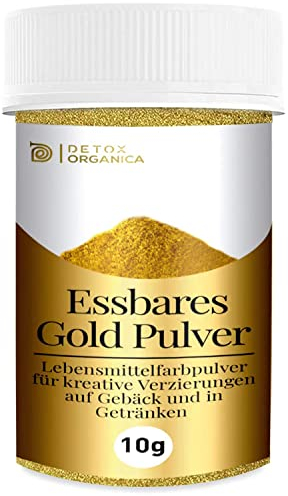 Detox Organica Goldpulver essbar, 10g Lebensmittelfarbe Gold ohne E171 Farbstoff, Goldstaub zum Backen und Dekorieren, Ideal für Torten, Kuchen, Schokolade und Getränke, Essbarer Glitzer