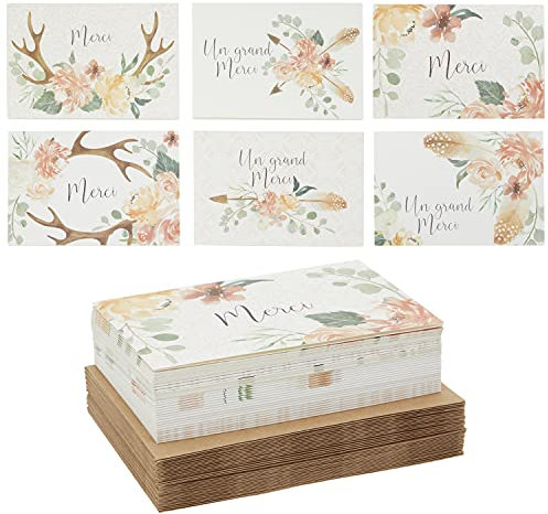 Cartes de Vœux de Remerciement avec Enveloppes, 6 Dessins Bois et Forêt, Lot de 36 Cartes, 10 x 15 cm