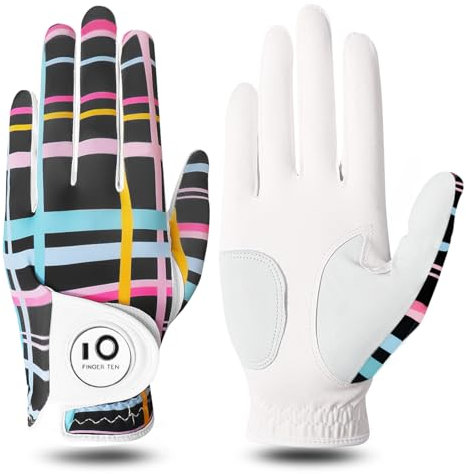 FINGER TEN Golfhandschuhe Damen Leder Links Rechts Hand Golfhandschuh Golf Handschuhe mit Ball Marker Wert 1 Stück Handschuh, Rain Grip Griff Linke Rechte Golfer (Farbraster, S, Links)