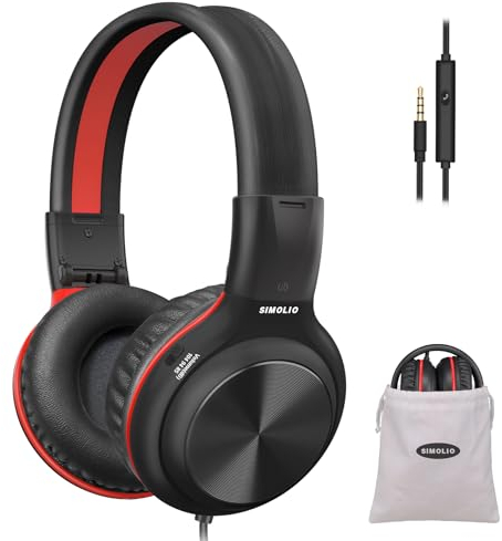 SIMOLIO Auriculares con cable para niños con micrófono, limitador de volumen y conector para compartir, auriculares con cable para escuela, laptop, tablet, PC, avión, adolescentes, adultos (negro)